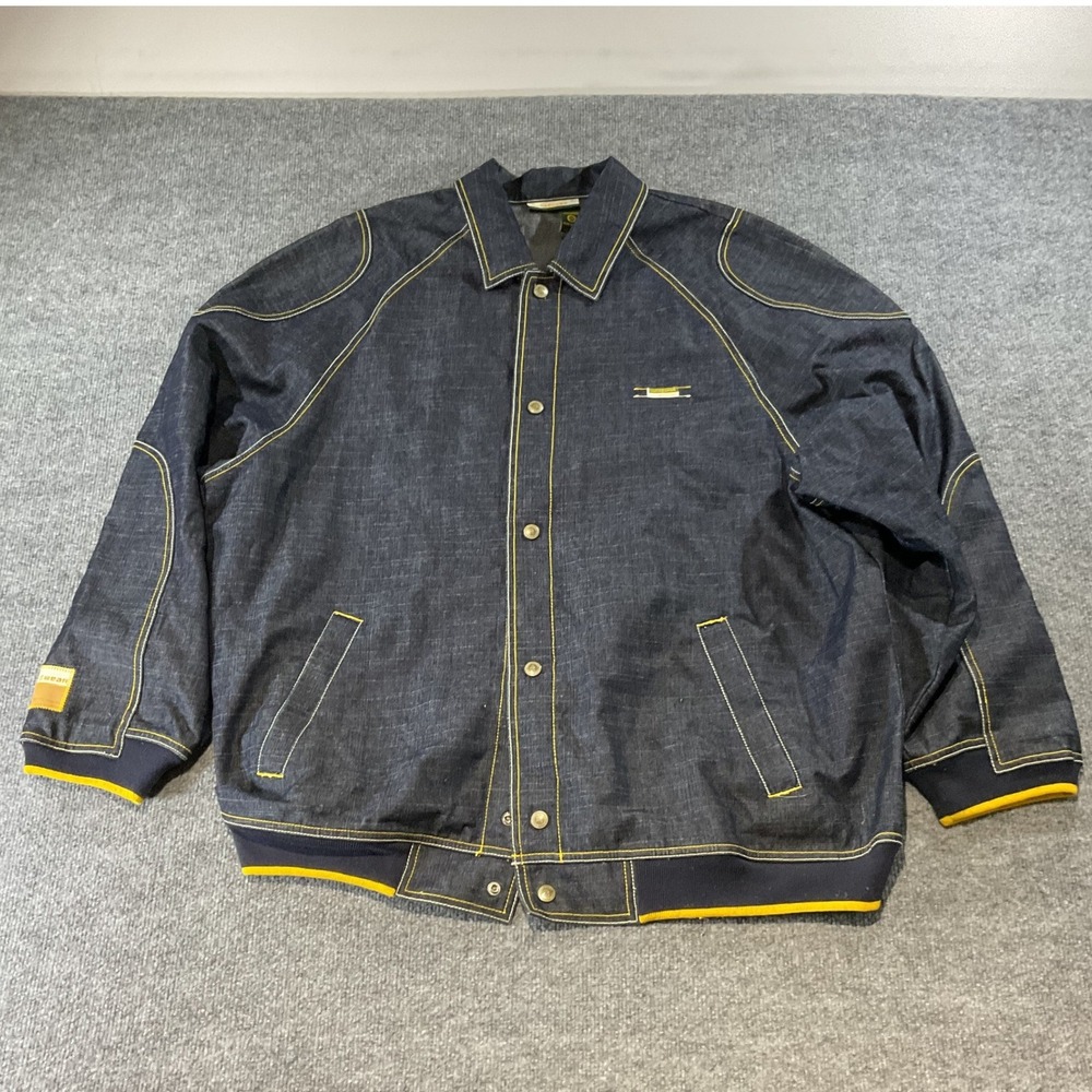 Vintage Rocawear Denim Jacket Mens 2XL Dark Wash Yellow Stitch Y2K Hip Hop Logo